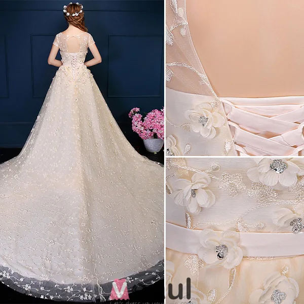 Schöne Ballkleid Applique Blumen Spitze Brautkleid Mit Pailletten