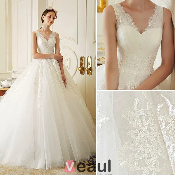 2016 Elegant Lace V-neck Ball Gown Applique Lace Wedding Dress With Rhinestone