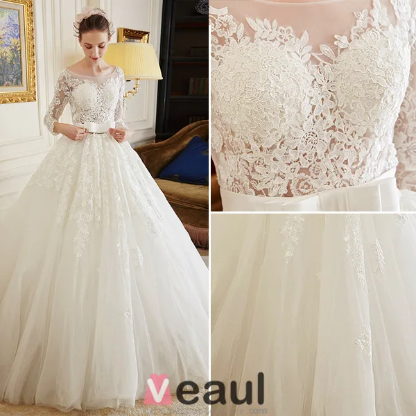 2016 Balle De Luxe Robe Dos Nu Robe De Mariée En Dentelle Soluble Avec Ceinture