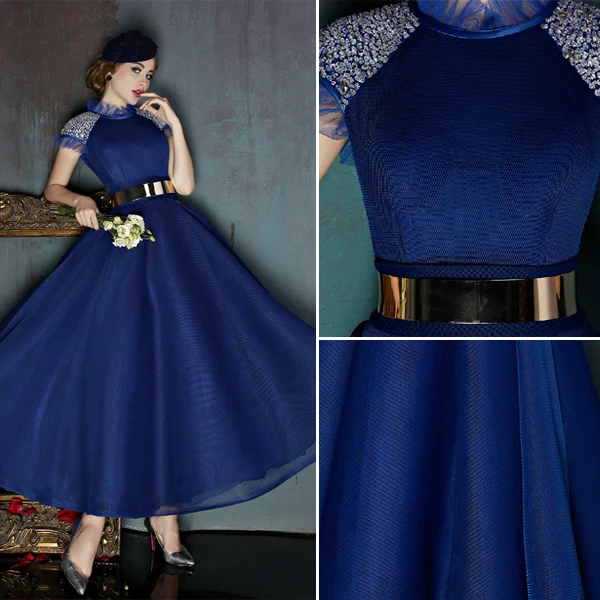 Vintage High Neck Royal Blue Tulle Prom Dress With Metal Sash