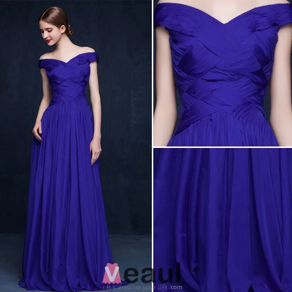 2016 Sexy Off The Shoulder Backless Ruffles Royal Blue Evening Dress