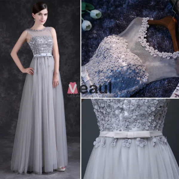 Charmante Robe De Soirée Longue Robe De Ceremonie Dos Nu Gris Avec Des Fleurs Pour 2016