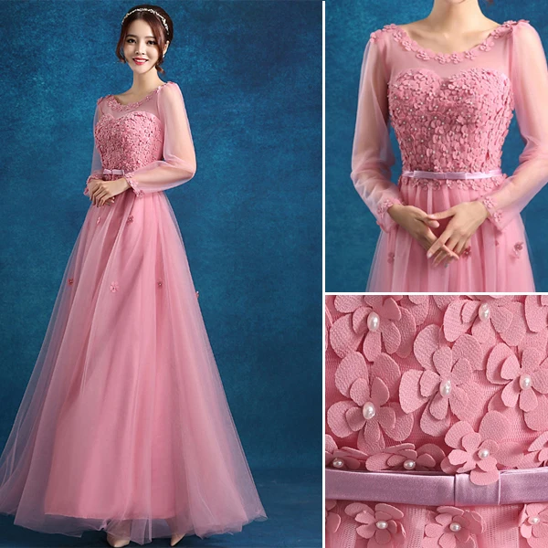 Empire Scoop Neckline Beading Applique Flowers Pink Tulle Evening Dress