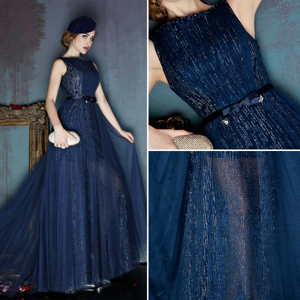 2016 Fashion Square Neckline Glitter Tulle Evening Dress With Bow Sash
