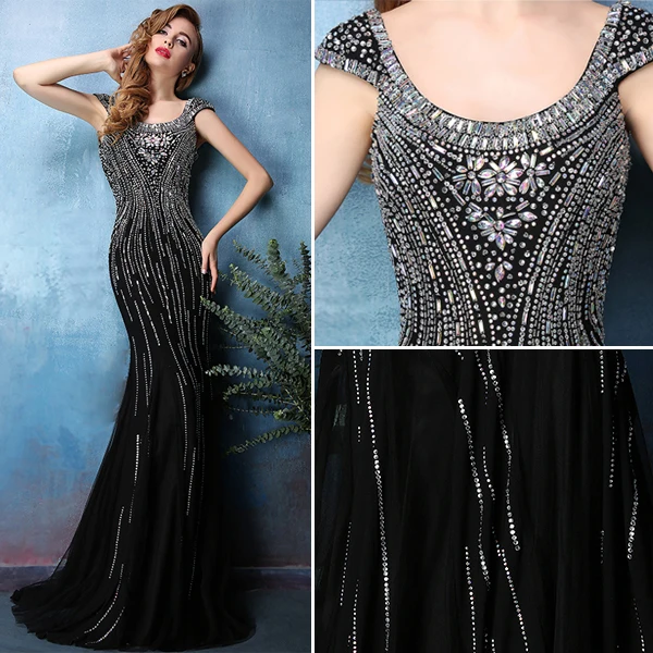2016 Sexy Lśniąca Syrenka Backless Frezowanie Rhinestone Kryształu Czarna Suknia Wieczorowa