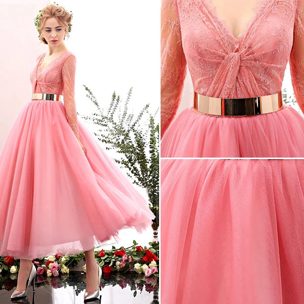 2016 Beautiful Deep V-neck Lace Ruffle Backless Pink Tulle Prom Dress With Metal Sash