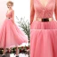 2016 Beautiful Deep V-neck Lace Ruffle Backless Pink Tulle Prom Dress With Metal Sash