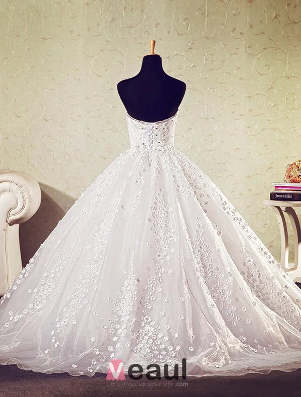 Robe De Bal Sweetheart Profonde Fleurs Appliques Robe De Mariée Avec Cristal