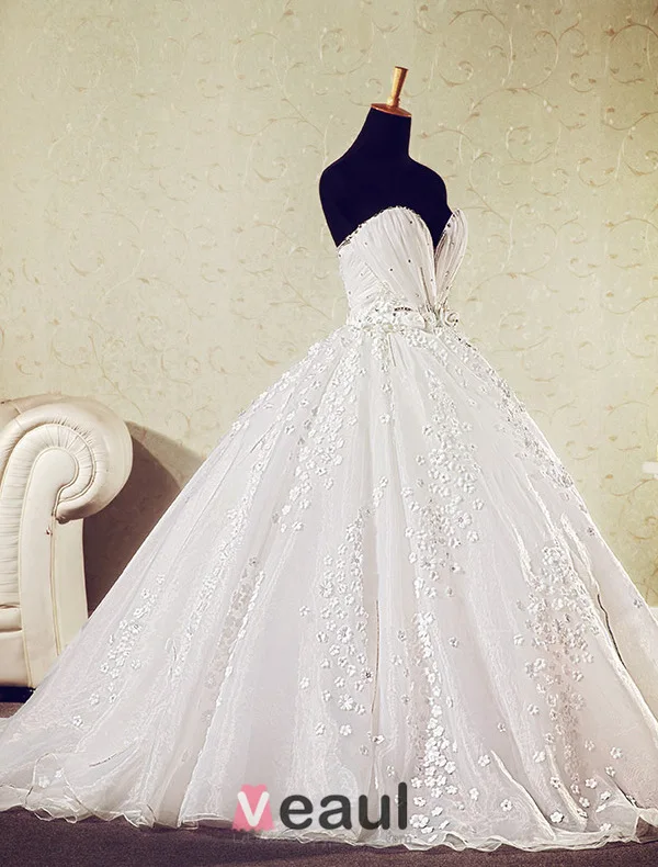 Robe De Bal Sweetheart Profonde Fleurs Appliques Robe De Mariée Avec Cristal