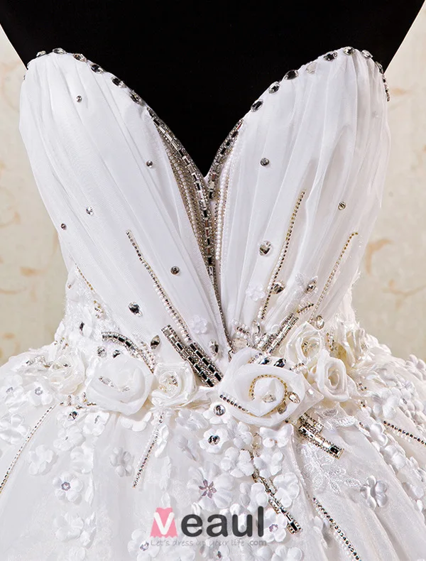 Robe De Bal Sweetheart Profonde Fleurs Appliques Robe De Mariée Avec Cristal