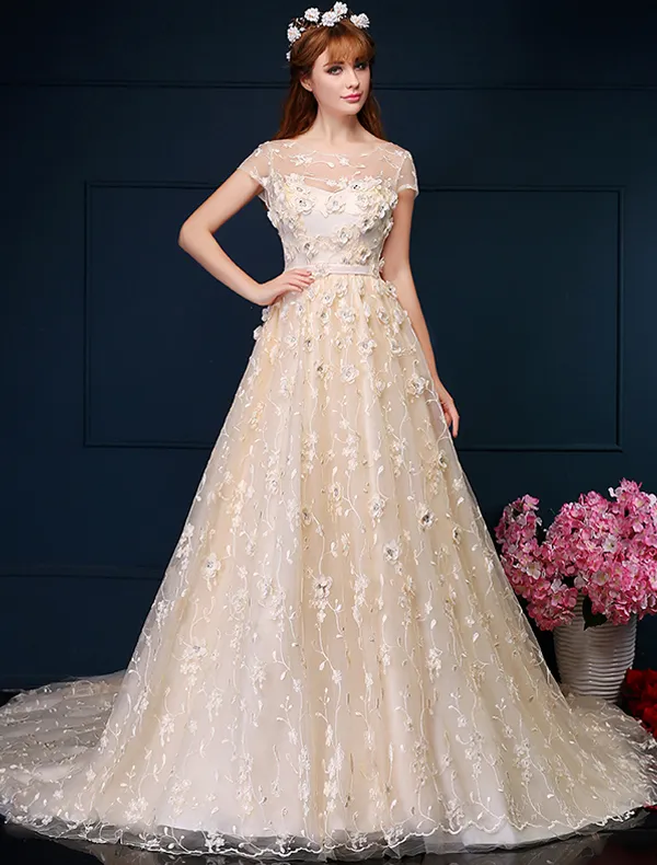 Beautiful Ball Gown Applique Flowers Lace Wedding Dress Wtih Sequins