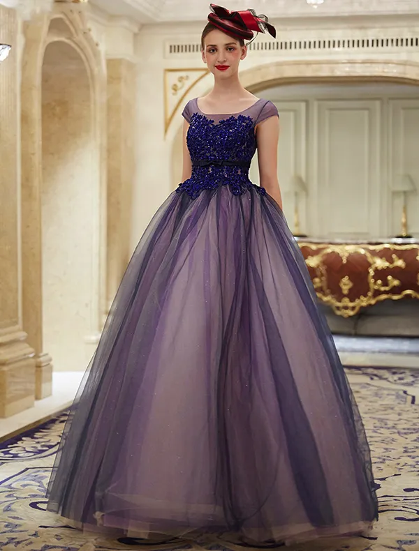 2016 Elegant Glitter Organza Applique Lace Royal Blue Prom Dress