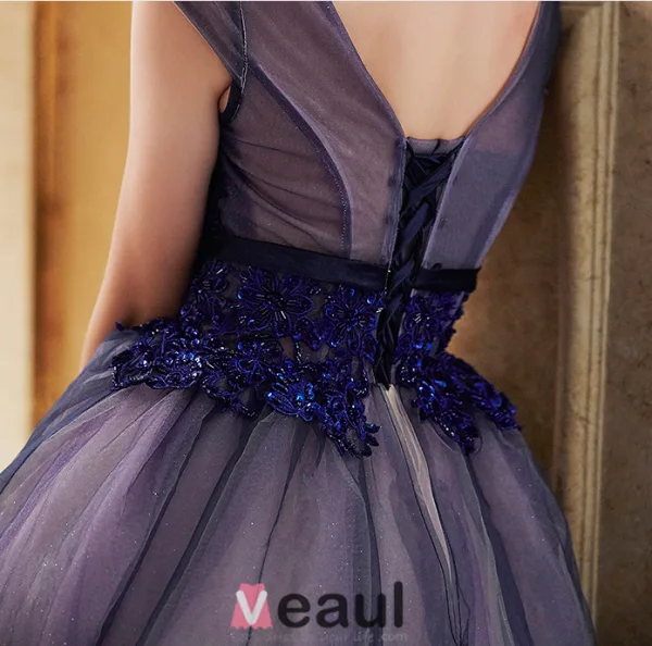 2016 Elegant Glitter Organza Applique Lace Royal Blue Prom Dress