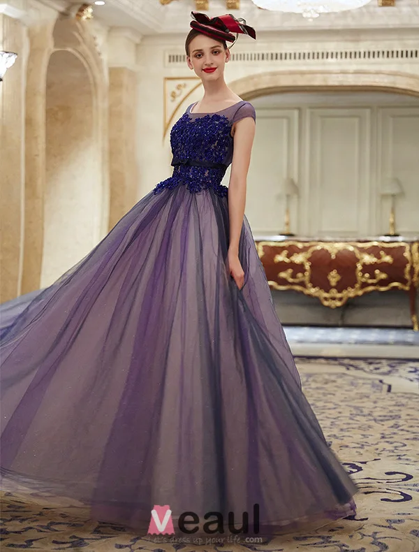 2016 Elegant Glitter Organza Applique Lace Royal Blue Prom Dress