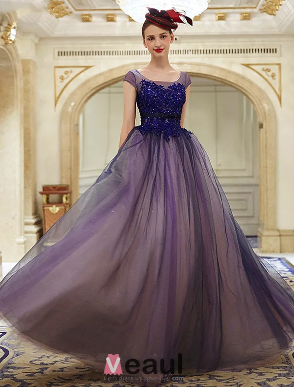 2016 Elegant Glitter Organza Applique Lace Royal Blue Prom Dress