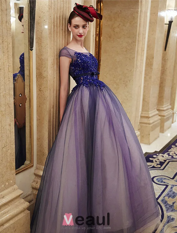 2016 Elegant Glitter Organza Applique Lace Royal Blue Prom Dress 2016 Elegant Glitter Organza Applique Lace Royal Blue Prom Dress