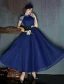 Vintage High Neck Royal Blue Tulle Prom Dress With Metal Sash