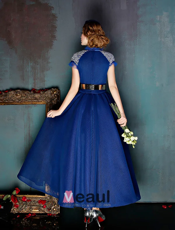 Vintage High Neck Royal Blue Tulle Prom Dress With Metal Sash