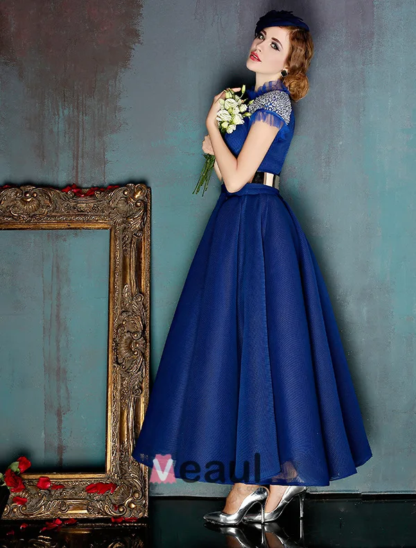 Vintage High Neck Royal Blue Tulle Prom Dress With Metal Sash