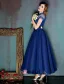 Vintage High Neck Royal Blue Tulle Prom Dress With Metal Sash