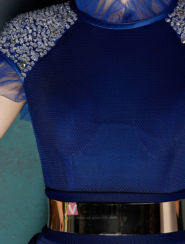 Vintage High Neck Royal Blue Tulle Prom Dress With Metal Sash