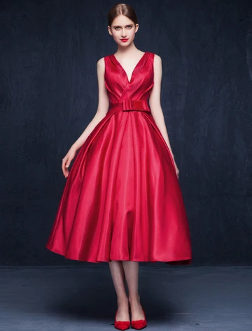 2016 Elegante V Hals Ruche Thee Lengte Feestjurk Met Sjerp
