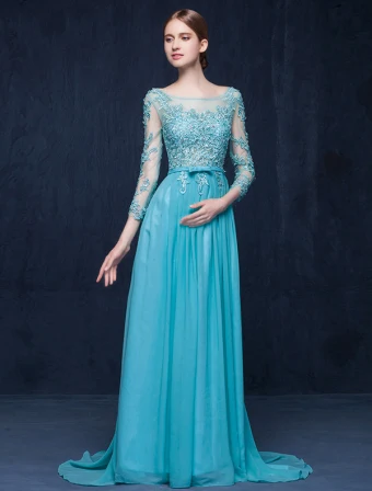 2016 Elegante Vierkante Hals Backless Applique Kant Chiffon Avondjurken Met Sjerp