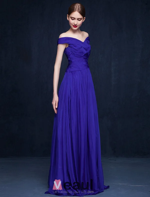 2016 Sexy Off The Shoulder Backless Ruffles Royal Blue Evening Dress