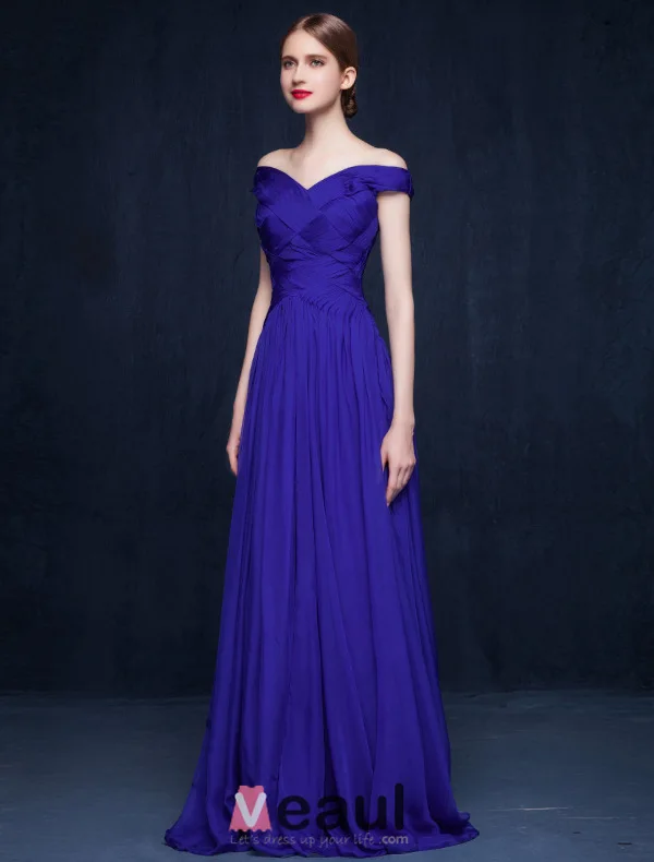 2016 Sexy Off The Shoulder Backless Ruffles Royal Blue Evening Dress