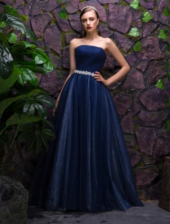 2016 Prachtige Strapless Vloer Lengte Koningsblauw Glitter Organza Maxi Avondjurken