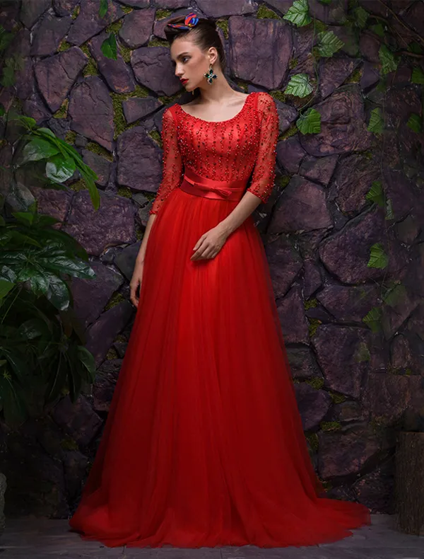 2016 Sexy Scoop Neckline Backless Red Tulle Evening Dress With Sash
