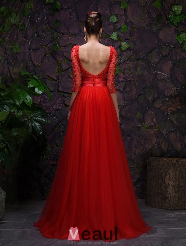 2016 Sexy Scoop Neckline Backless Red Tulle Evening Dress With Sash
