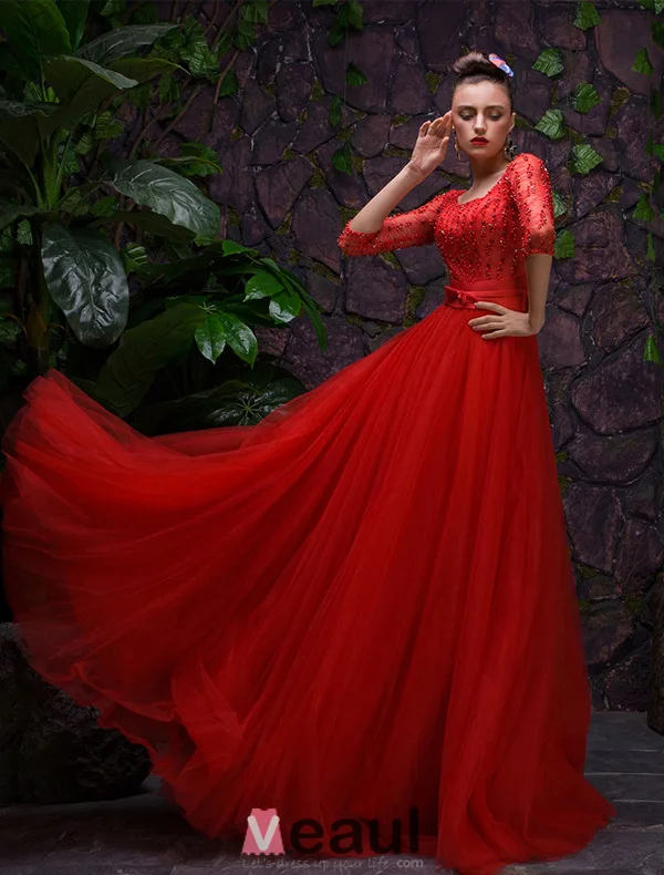 2016 Sexy Scoop Neckline Backless Red Tulle Evening Dress With Sash