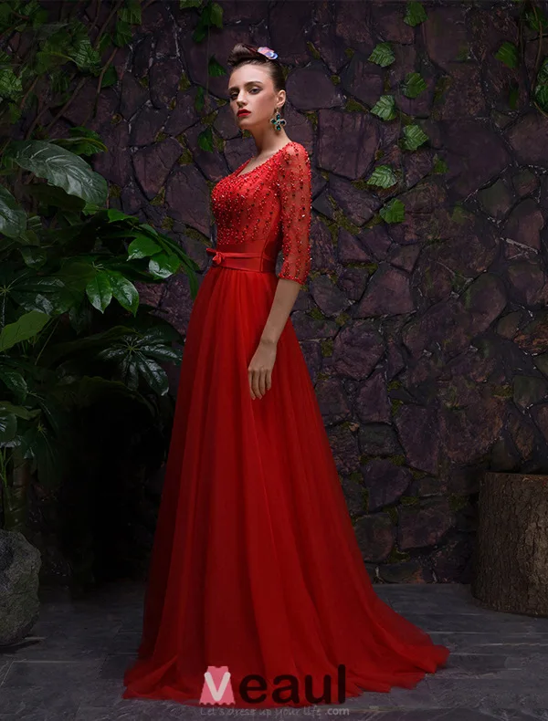 2016 Sexy Scoop Neckline Backless Red Tulle Evening Dress With Sash