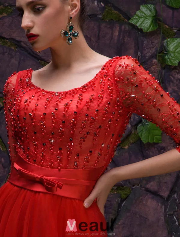 2016 Sexy Scoop Neckline Backless Red Tulle Evening Dress With Sash