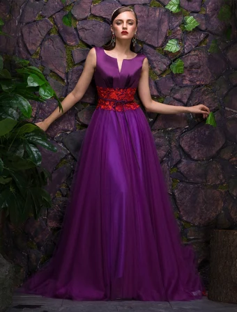 2016 Boule Superbe V Cou Robe De Soirée Satin Violet De Tulle De Dentelle Ceinture