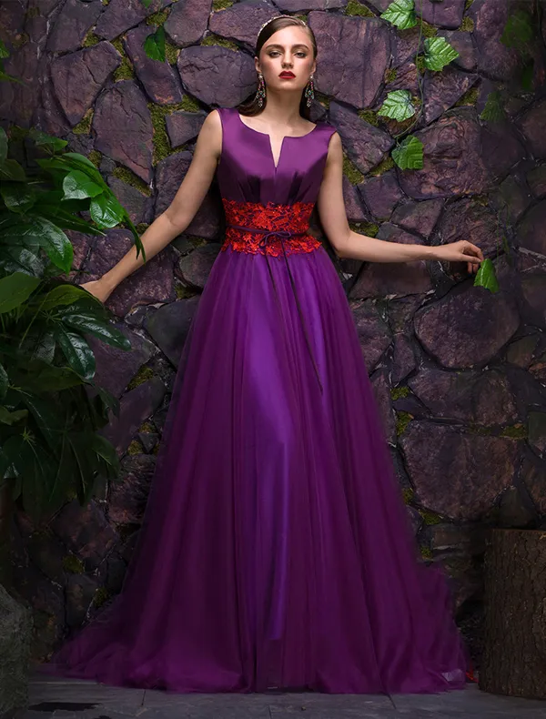 2016 Stunning Scoop V-neck Purple Satin Tulle Evening Dress With Lace Sash