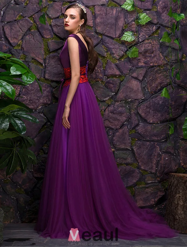 2016 Boule Superbe V-cou Robe De Soirée Satin Violet De Tulle De Dentelle Ceinture