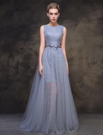 2016 Perles Encolure Carrée Robe De Soirée Grise Paillettes De Tulle Scintillant Avec Ceinture