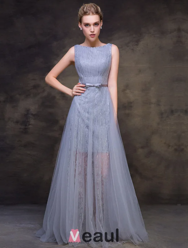 2016 Perles Encolure Carrée Robe De Soirée Grise Paillettes De Tulle Scintillant Avec Ceinture