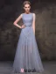 2016 Perles Encolure Carrée Robe De Soirée Grise Paillettes De Tulle Scintillant Avec Ceinture