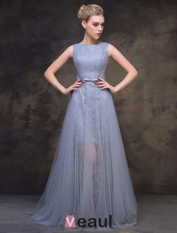 2016 Perles Encolure Carrée Robe De Soirée Grise Paillettes De Tulle Scintillant Avec Ceinture