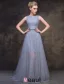 2016 Perles Encolure Carrée Robe De Soirée Grise Paillettes De Tulle Scintillant Avec Ceinture