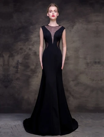 2016 Elegante Ronde Hals Tule V Hals Zwarte Avondjurk
