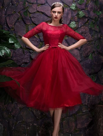 2016 Beautiful Scoop Neckline 1 2 Sleeves Burgundy Christmas Party Dress