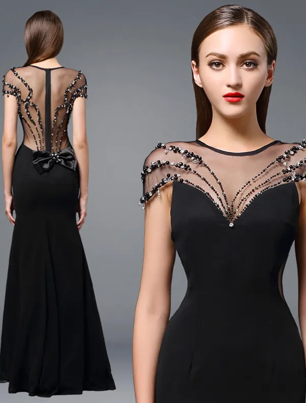 2016 Stunning Scoop Neckline Backless Beading Rhinestone Black Silk Evening Dress