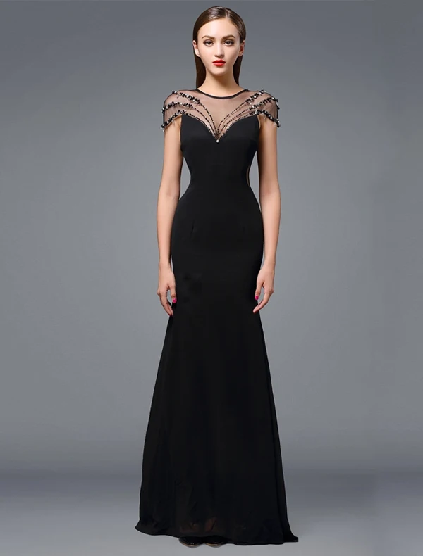 2016 Stunning Scoop Neckline Backless Beading Rhinestone Black Silk Evening Dress