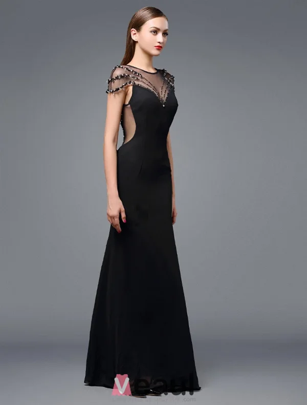 2016 Stunning Scoop Neckline Backless Beading Rhinestone Black Silk Evening Dress