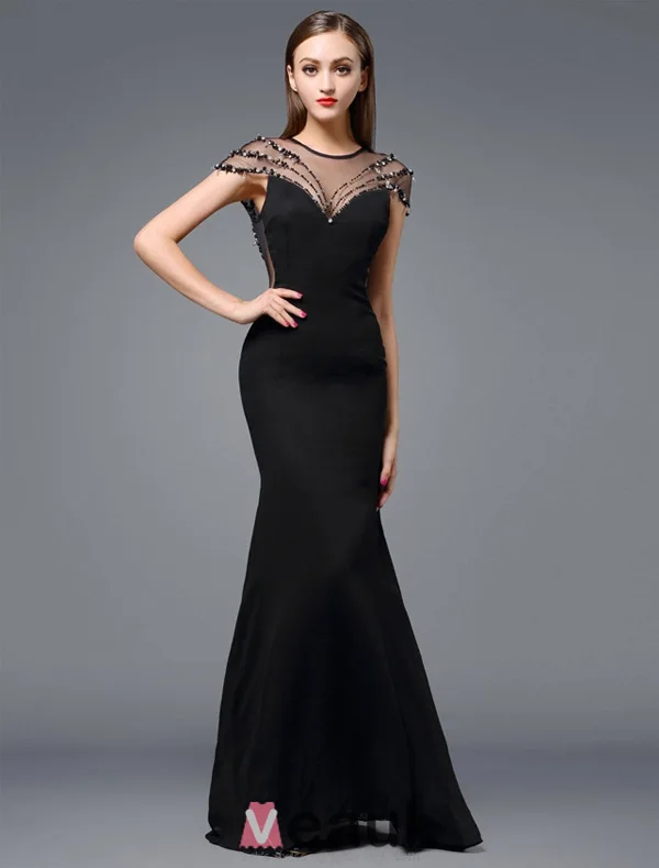 2016 Stunning Scoop Neckline Backless Beading Rhinestone Black Silk Evening Dress
