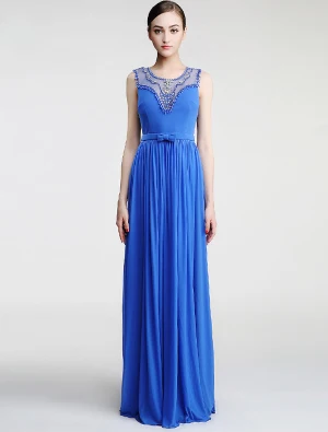 2016 Scoop Halsen Beading Rhinestones Plissert Blå Selskapskjoler Med Sløyfe Sash